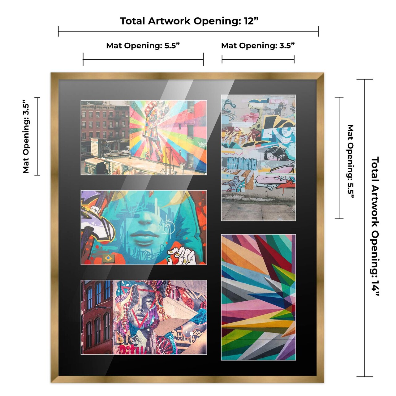 Metallic Gold Bronze Finish Collage Frame - Black Mat, 20 Frame Sizes to Choose From, UV Acrylic, Wall Hanging Hardware, Vertical or Horizontal Display